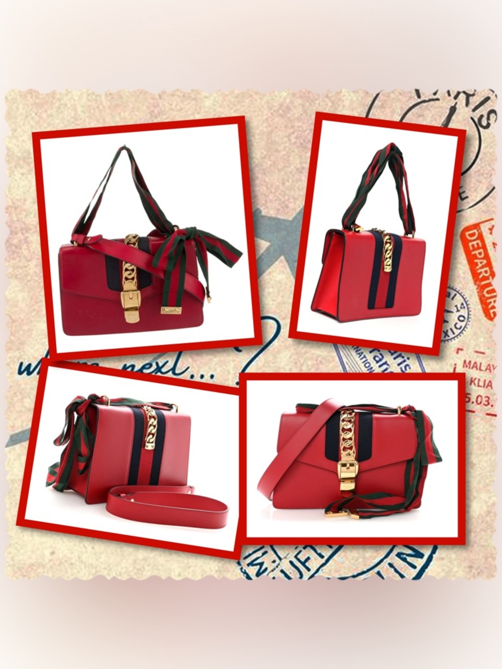 Gucci Hibiscus Red Shoulder Bag with Green and Dark Blue Ribbon